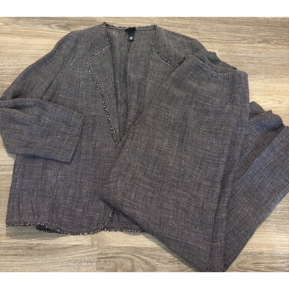 Eileen Fisher Linen Blend 2 Piece Pant Suit Set Medium Grey Jacket Blazer